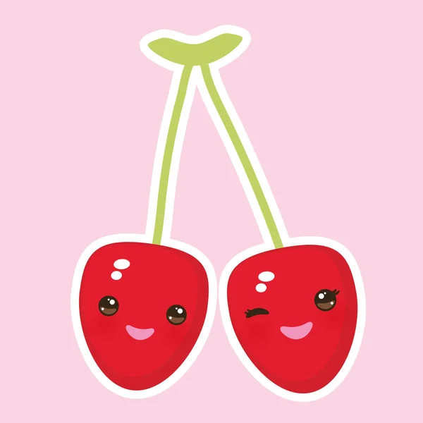 Cereza Roja Madura Kawaii Con Mejillas Rosas Ojos Guiñando Ojo — Archivo Imágenes Vectoriales