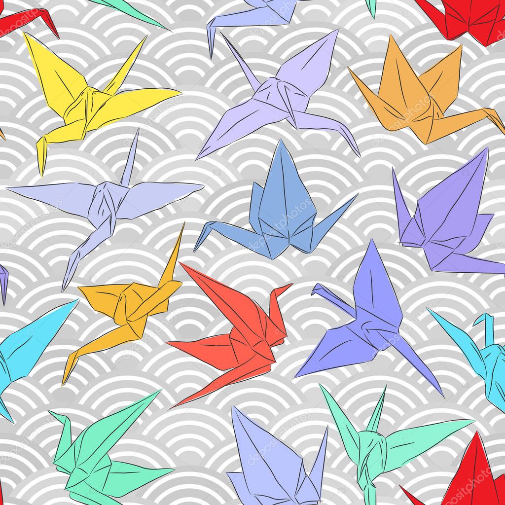 Origami white paper cranes set sketch seamless pattern. line Nature oriental background with japanese wave circle pattern red yellow blue green purple colors on grey background. Vector illustration