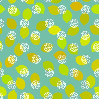 Seamless modeli ile limon, limon, sarı portakal narenciye mavi bir arka plan üzerinde basit. Vektör çizim