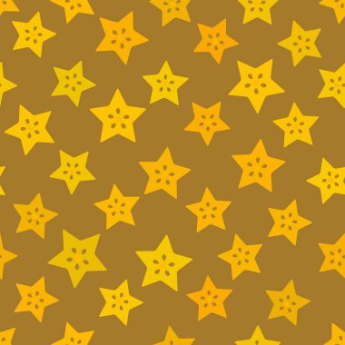 Carambola basit Dikişsiz desen sarı turuncu Bordo dilim meyve kahverengi bej renkli arka plan üzerinde. Vektör çizim