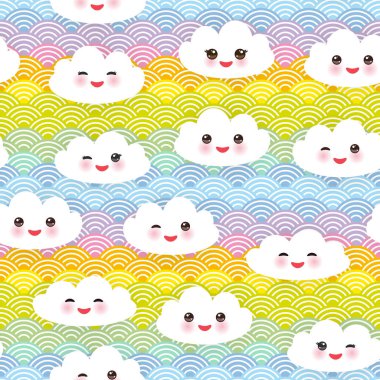 Kawaii komik beyaz bulutlar kümesi, namlu pembe yanaklar ve kırpışan gözleri. Dikişsiz desen gökkuşağı kırmızı turuncu sarı yeşil mavi menekşe pembe Japon dalga arka plan üzerinde. Vektör çizim