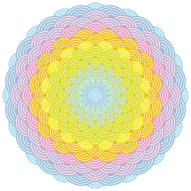 Soyut yuvarlak çelenk kompozisyon gökkuşağı çerçeve. ölçekler basit doğa Asya dalga daire desen yeşil sarı turuncu pembe mor mavi renk kartı banner tasarımı beyaz arka plan üzerinde. Vektör çizim