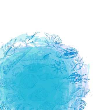 okyanus trendy kompozisyon yazdırma sembolü. Yaz deniz kabukları, yumuşakçalar mavi arka plan üzerinde. Daire çelenk kartı banner tasarımı ile beyaz arka plan üzerinde izole metin için yer. Vektör çizim