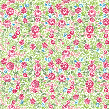 Dikişsiz desen halk çiçek süsleme Vintage zarif düğün davetiyesi yaz etnik ile yeşil kırmızı mavi turuncu pembe kaba fırça darbeleri beyaz arka plan üzerinde izole çiçekler. Vektör çizim