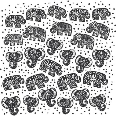Güzel desen Hint fil polka dot süslemeli. Elle çizilmiş etnik kabile dekore edilmiştir. Siyah kontur beyaz sonsuz arka plan üzerinde izole. Vektör çizim