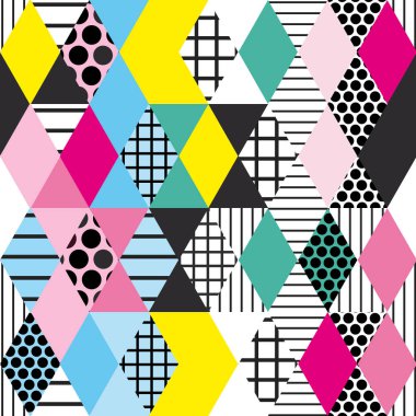 Geometrik öğeleri Memphis Postmodern Retro tarzı 80-90'lı yılların moda. Asimetrik şekiller Rhombus üçgen çember Seamless modeli. Sarı yeşil pembe siyah arka plan için mavi site blog kumaş. Vektör çizim