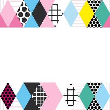 Kart Başlık şablon çerçevesi metniniz için. Geometrik Memphis Postmodern Retro moda stil 80-90'lı yılların. Asimetrik şekiller Rhombus üçgen desen. Sarı mavi yeşil pembe siyah arka plan. Vektör çizim