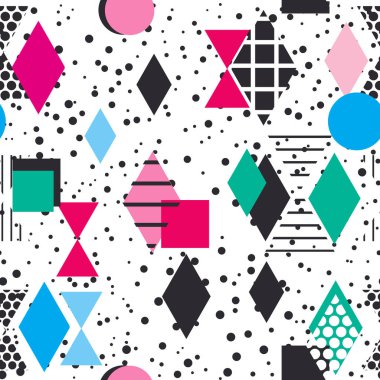 Geometrik öğeleri Memphis Postmodern Retro tarzı 80-90'lı yılların moda. doku asimetrik şekiller Rhombus üçgen sitesi kumaş için Seamless modeli siyah mavi pembe arka plan. Vektör çizim