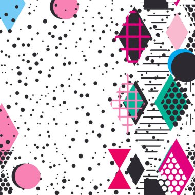 Kart Başlık şablon çerçevesi metniniz için. Geometrik Memphis Postmodern Retro moda stil 80-90'lı yılların. Asimetrik şekiller. pembe siyah mavi yeşil renkli. Vektör çizim