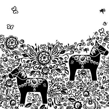 Kart banner şablon Dalecarlian Dala Atı geleneksel oyma İsveçli Eyaleti Dalarna'kaynaklanan tahta at heykelciği boyalı. siyah çiçekler üzerinde izole beyaz arka plan bırakır. Vektör çizim