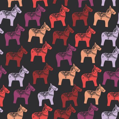 Seamless modeli kırmızı pembe turuncu kahverengi leylak Dalecarlian Dala Atı geleneksel İsveç Eyaleti Dalarna'kaynaklanan tahta at heykelciği boyalı. siyah arka plan üzerine çiçekler. Vektör çizim