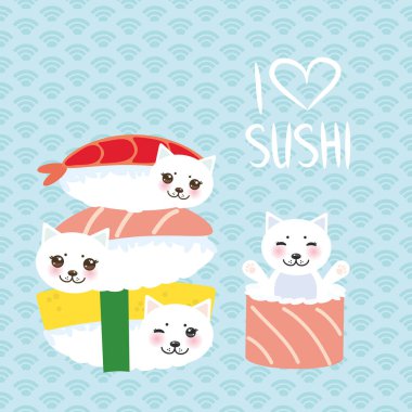 Suşi severim. Kawaii komik Sushi seti ve pembe yanaklar ve gözler, emoji ile beyaz sevimli kedi. Japon daire desenli bebek mavi arka plan. Vektör çizim