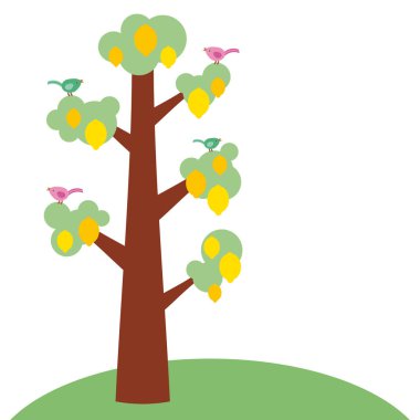 Sarı limon ile kalın bir gövde, yeşil yaprakları ve olgunlaşmış meyve, kümes hayvanları dalları üzerinde büyük ağaç. Yeşil çim. Beyaz arka plan üzerinde izole. Vektör çizim