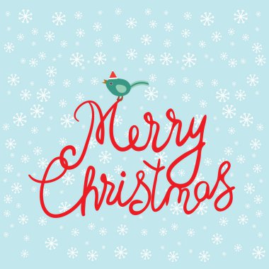Neşeli Noel kartı tasarım beyaz kar taneleri, gök mavi zemin üzerine kırmızı bere Noel süsleri kuş. Vektör çizim