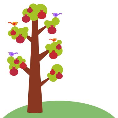 Nar büyük ağacı kalın bir gövde, yeşil yaprakları ve olgunlaşmış meyve, dalları üzerinde kümes hayvanları ile. Yeşil çim. Beyaz arka plan üzerinde izole. Vektör çizim