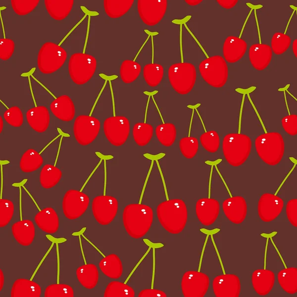 Nahtloses Muster Rote Kirsche Frisch Saftige Beeren Braunen Weinroten Hintergrund — Stockvektor