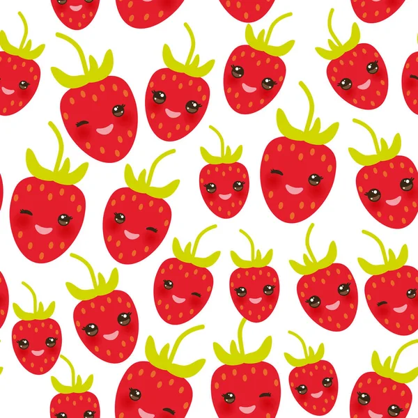 シームレス パターン赤色イチゴの可愛い目と白い背景の上のピンクの頬の変な顔 ベクトル図 — ストックベクタ