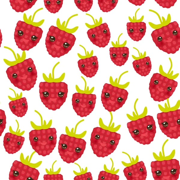 Seamless Pattern Red Ripe Raspberries Fresh Juicy Berries Kawaii Funny — Stock Vector