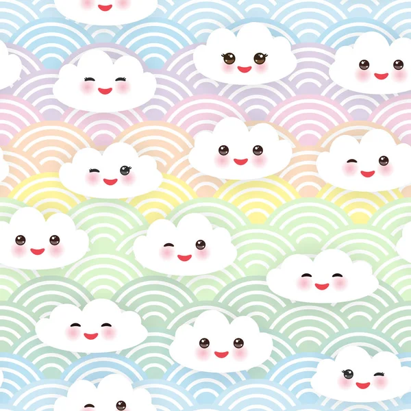 Kawaii funny white clouds set, muzzle with pink cheeks and winking eyes. Seamless pattern on blue mint orange pink lilac japanese wave background. Vector illustration
