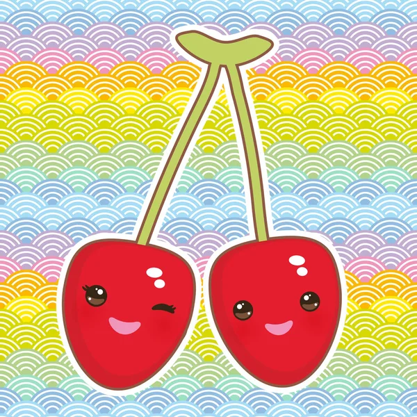 Kawaii Cereza Roja Madura Con Mejillas Rosadas Guiñando Los Ojos — Archivo Imágenes Vectoriales