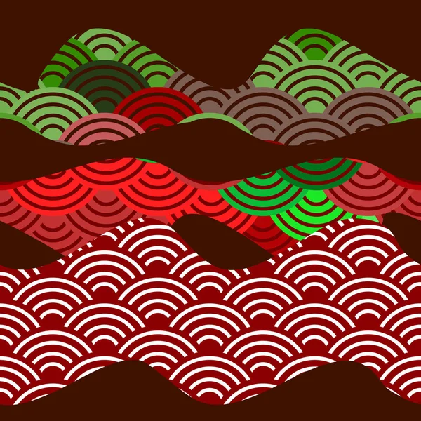 无缝图案龙鱼鳞片简单自然背景与日本波圆图案深棕色勃艮第黄褐色绿色红色背景 向量例证 — 图库矢量图片