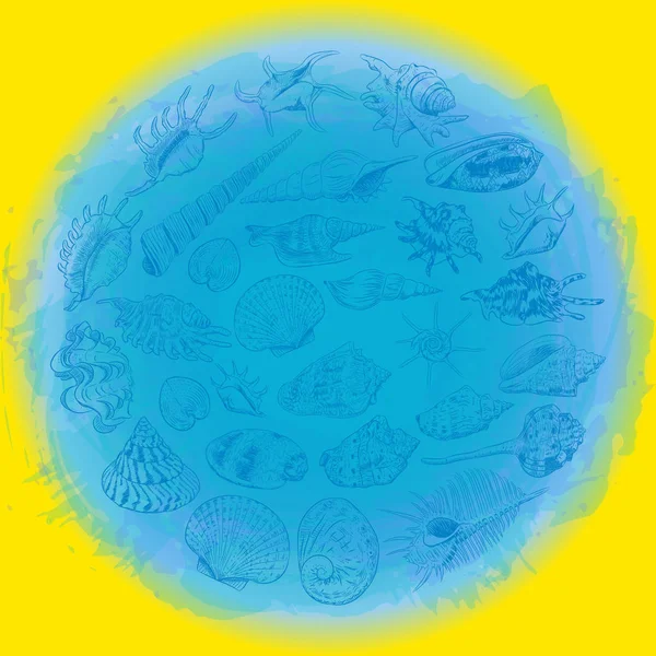 海のトレンディな組成ラウンド印刷のシンボルです 夏の海の貝 青黄色の抽象的な背景の軟体動物 サークル花輪カード バナー デザイン テキストのためのスペース ベクトル図 — ストックベクタ