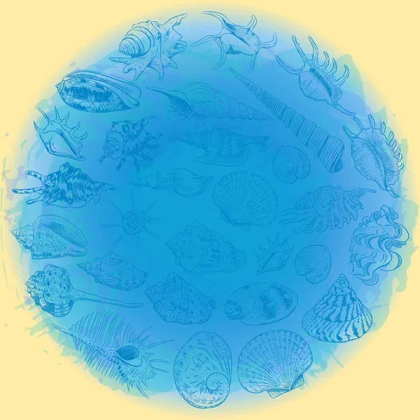 海のトレンディな組成ベージュ砂ラウンド印刷のシンボルです 夏の海の貝 青の抽象的な背景の軟体動物 サークル本文カード バナー デザインを花輪 ベクトル図 — ストックベクタ