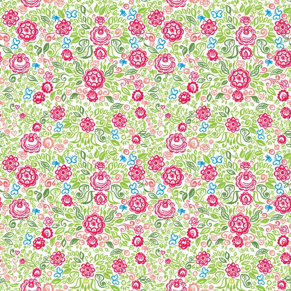 Dikişsiz desen halk çiçek süsleme Vintage zarif düğün davetiyesi yaz etnik ile yeşil kırmızı mavi turuncu pembe kaba fırça darbeleri beyaz arka plan üzerinde izole çiçekler. Vektör çizim