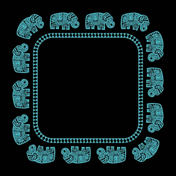 象のインドの装飾品で美しいカード あなたのテキストのための正方形のフレーム エスニック象と手描き下ろしバナー テンプレート 黒地にスカイブルーの輪郭 ベクトル図 — ストックベクタ