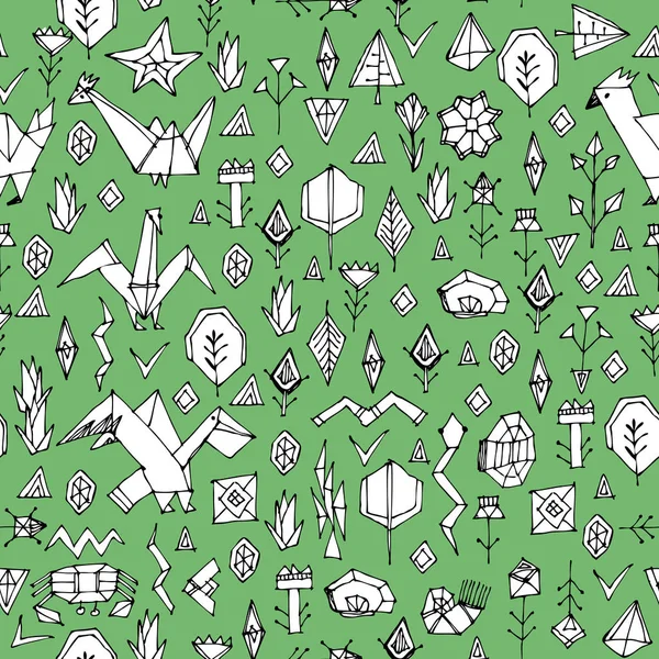 春夏幾何学的なシームレスのパターン動物ペリカン鳥カモメと植物の黒輪郭現代的な装飾様式化された折り紙です 緑白の印刷 トレンディな背景 ベクトル図 — ストックベクタ