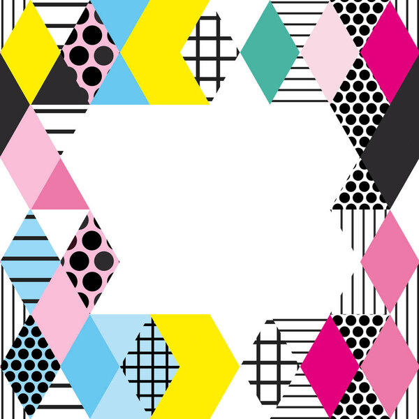 Карточный баннер шаблон квадратные геометрические элементы Мемфис Постмодернистский стиль ретро 80-90-х годов. асимметричный треугольник Ромба. Желтая сине-зеленая розово-черная рамка для вашего текста. Векторная иллюстрация
