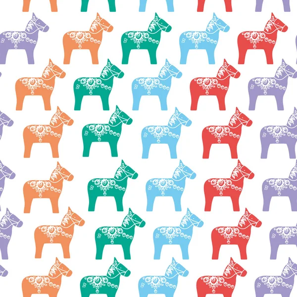 Seamless Pattern Red Pink Orange Green Lilac Dalecarlian Dala Horse — Stock Vector