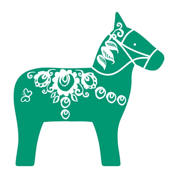 Green Dalecarlian Dala Horse Traditional Carved Painted Wooden Horse Statuette — Stock Vector