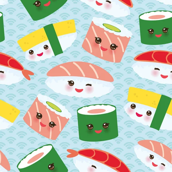 Patrón Sin Costuras Kawaii Divertidos Rollos Sushi Conjunto Con Mejillas — Vector de stock