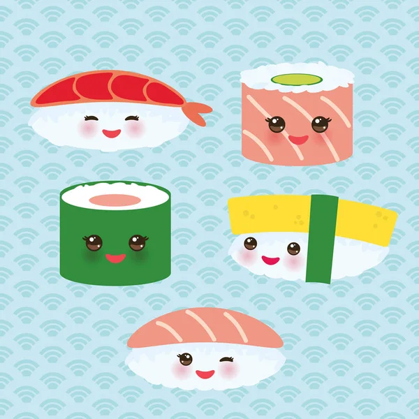 Kawaii Funny Sushi Rolls Kit Pink Cheeks Big Eyes Emoji — Stock Vector