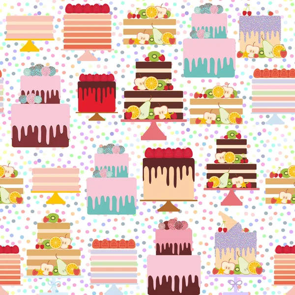 无缝模式生日 情人节 设置甜蛋糕 蛋糕架 新鲜水果浆果 巧克力糖霜洒 蛋糕弹出 柔和的颜色在白色的背景 向量例证 — 图库矢量图片