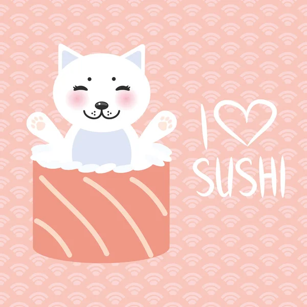 Encanta Sushi Kawaii Rollos Sushi Divertido Blanco Lindo Gato Con — Vector de stock