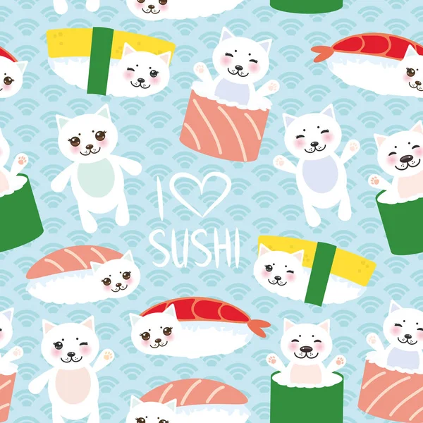 シームレス パターン お寿司が大好き かわいい面白い寿司セットとピンクの頬 絵文字の白のかわいい猫 日本円波水色背景 ベクトル図 — ストックベクタ