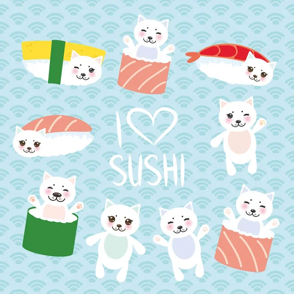 Love Sushi Kawaii Funny Sushi Set White Cute Cat Pink — Stock Vector