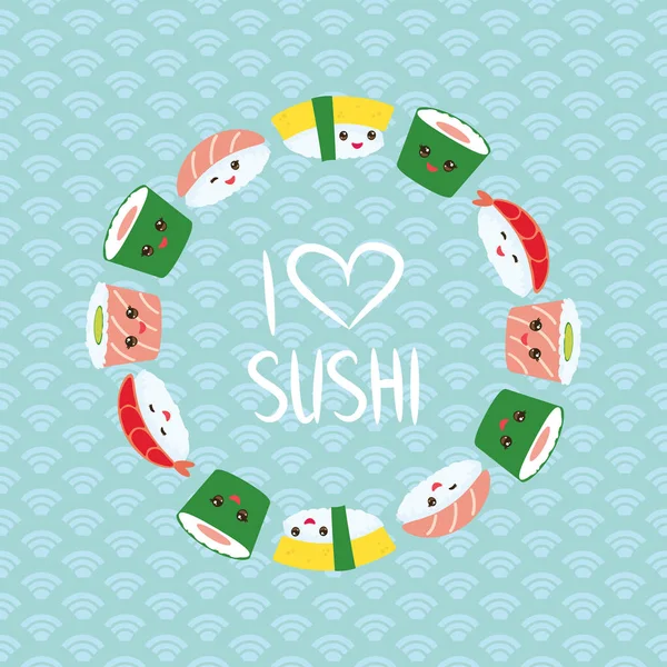 Love Sushi Kawaii Funny Sushi Set Pink Cheeks Big Eyes — Stock Vector