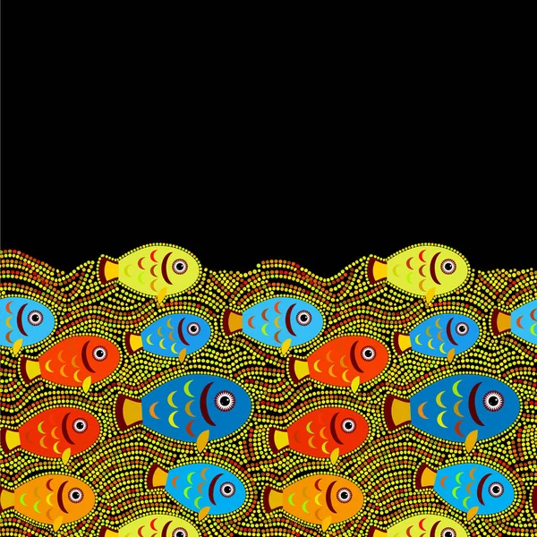 Diseño Tarjeta Pescado Rojo Azul Amarillo Anaranjado Sobre Fondo Negro — Vector de stock