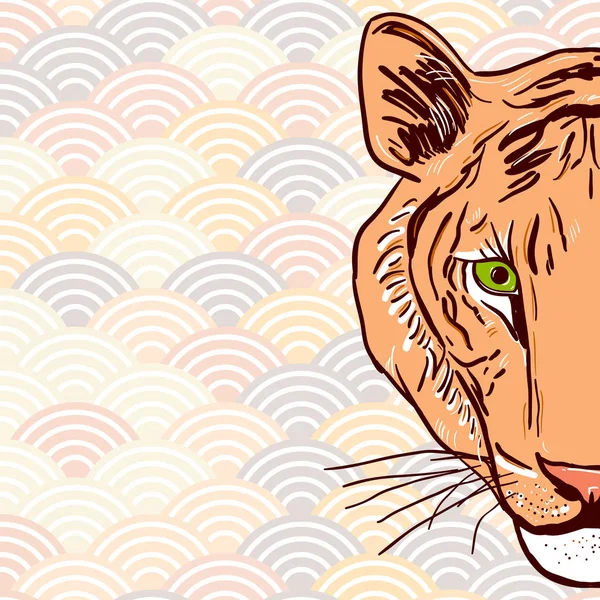 虎の頭スケッチ灰色の背景の抽象的なラウンド要素で描画します スケール ベージュ ブラウン グレー オレンジ シンプル自然アジア波円のパターンです ベクトル図 — ストックベクタ