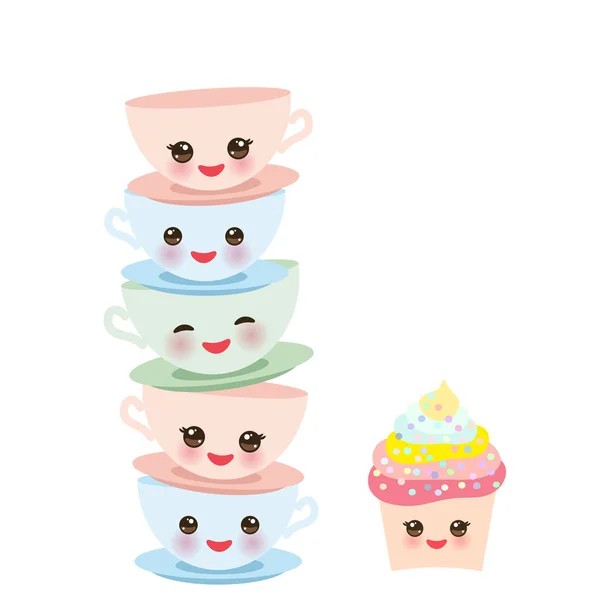 かわいいカップケーキと青ピンク緑かわいいカップ セット ピンクの頬とウィンクの目 白い背景に分離されたパステル カラーの紅茶 ベクトル図 — ストックベクタ