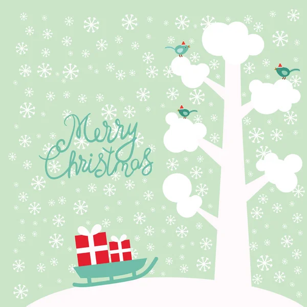Neşeli Noel Yılbaşı Kartı Tasarım Ağaç Dalları Kuşlar Kar Taneleri — Stok Vektör