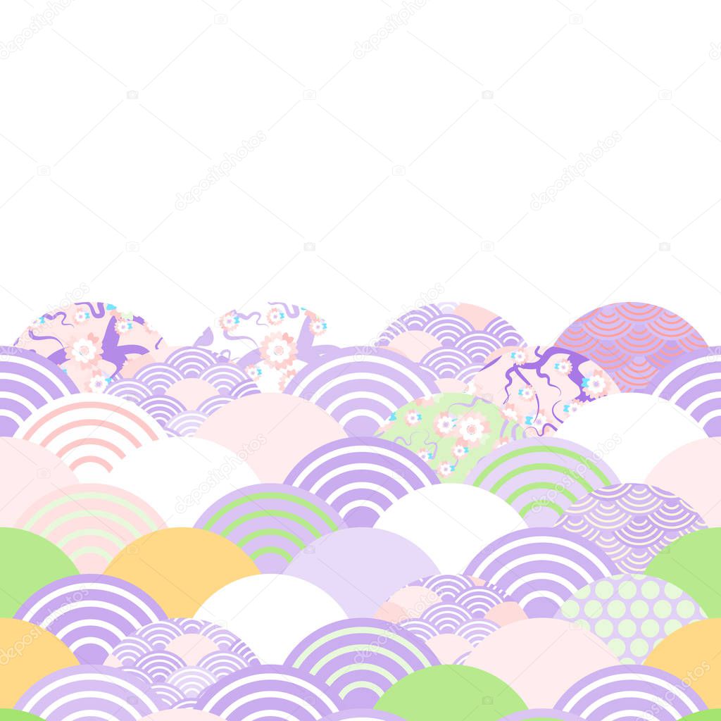 Fan umbrella scales simple Nature background with japanese rosy wave circle pattern violet purple lavender orange green pink colors card banner design on white background with space for text. Vector illustration