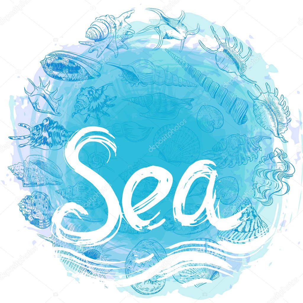 symbol of the sea ocean trendy print Round composition. Summer sea shells, molluscs on blue abstract background. Circle wreath card banner design with space for text. Vector illustration