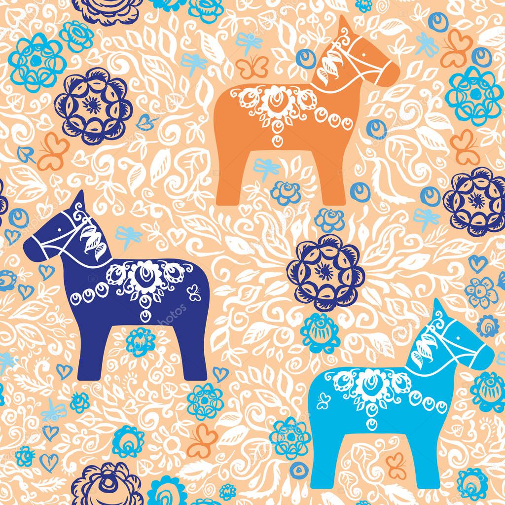 Seamless pattern Dalecarlian Dala horse traditional carved painted wooden horse statuette originating in Swedish province Dalarna. blue green orange flowers leaves on beige pink background. Vector illustration