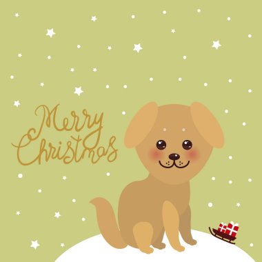 Neşeli Noel yılbaşı kartı Kawaii komik altın bej köpek tasarım, büyük gözleri ve pembe yanakları ile karşı karşıyayız. Beyaz kar Noel süsleri, yıldız, atlı kızak hediyeler yeşil gökyüzü arka planda. Vektör çizim