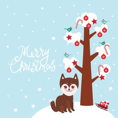 Neşeli Noel yılbaşı kartı tasarım komik kahverengi husky köpek ağaç dalları, kuşlar ve kırmızı Noel süslemeleri beyaz kar ile. Candy, toplar, yıldız, mavi gökyüzü arka plan üzerinde kızak hediyeler. Vektör çizim