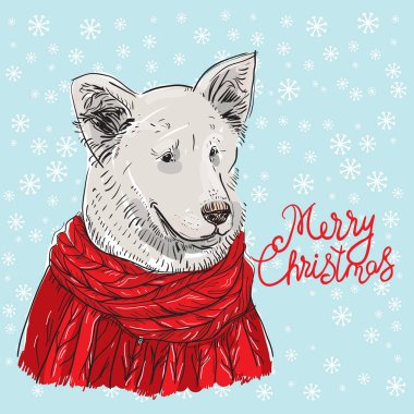 Neşeli Noel yılbaşı kartı tasarım bir Noel kırmızı beyaz köpek örme kazak. Çoban. Kroki çizim. Siyah kontur ve mavi zemin üzerine beyaz kar taneleri. Vektör çizim